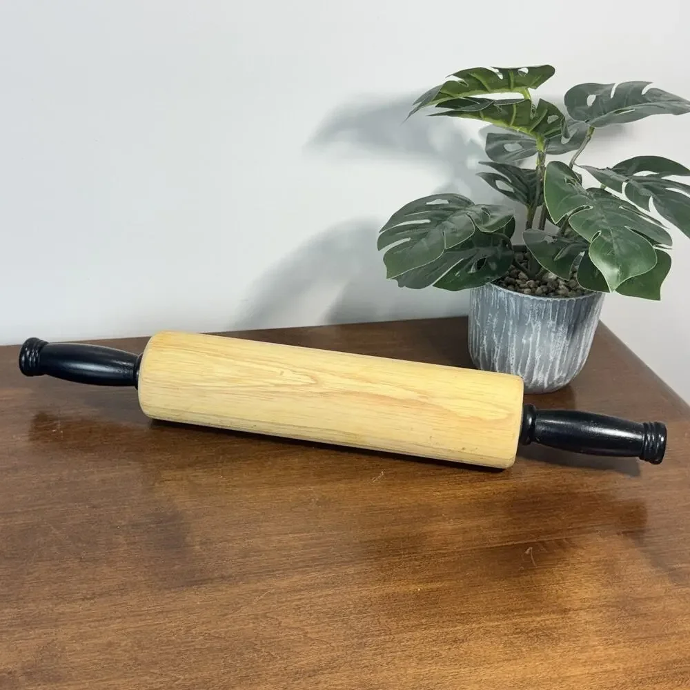 Classic Wood Rolling Pin with Black Handles Baking Wooden 17